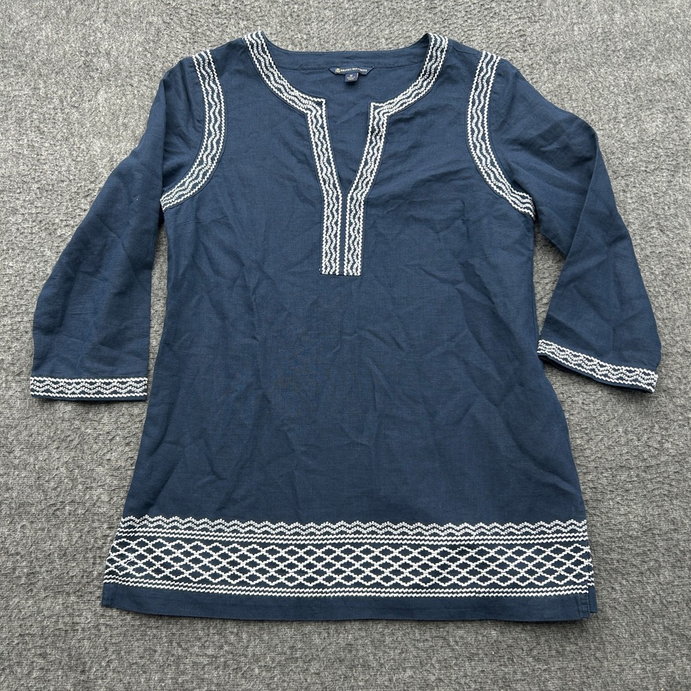 Brooks Brothers Linen Blend Tunic Top‎ Shirt M Blue Embroidered Coastal Grandma